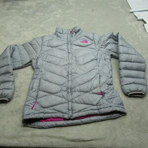 The North Face Fill 550 Down Jacket Womens Medium Gray Quilted Insulated Logo